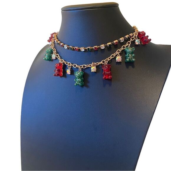 Betsey Johnson Sparkly Green & Red Mini Gummy Bear Charm Necklace. - Picture 3 of 6